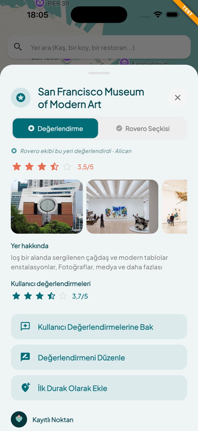 Rovero değerlendirme ekranında Rovero yıldızı ve kullanıcı puanları