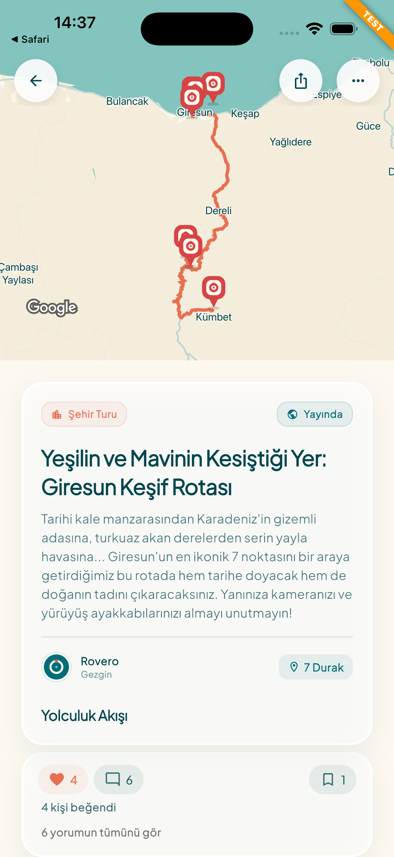 Rovero rota ekranında Giresun keşif rotası, harita ve durak akışı