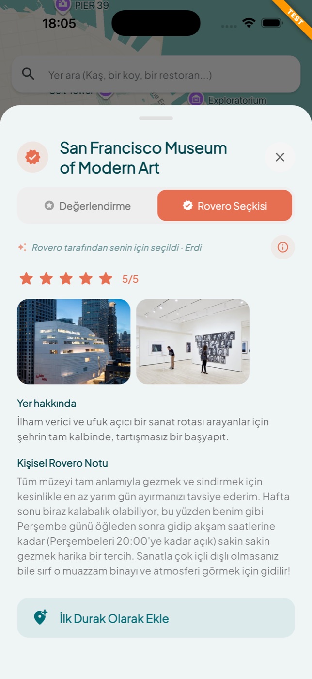 Rovero Seçkisi ekranında mercan rozet, 5/5 yıldız ve Kişisel Rovero Notu